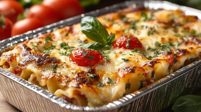 Köstliche vegetarische Lasagne in Aluminium-Backform