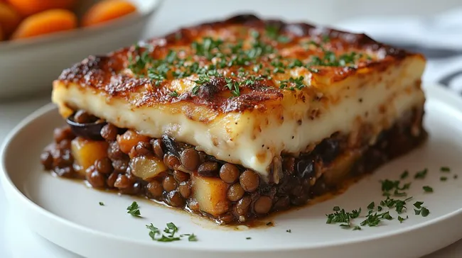Köstliche vegetarische Moussaka mit Linsen und Béchamelsoße