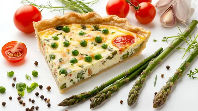 Köstliche vegetarische Spargelquiche mit Tomaten und Erbsen