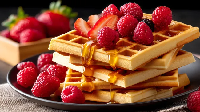 Köstliche Waffeln mit frischen Himbeeren und Ahornsirup