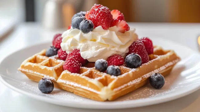 Köstliche Waffeln mit Sahne und frischen Beeren