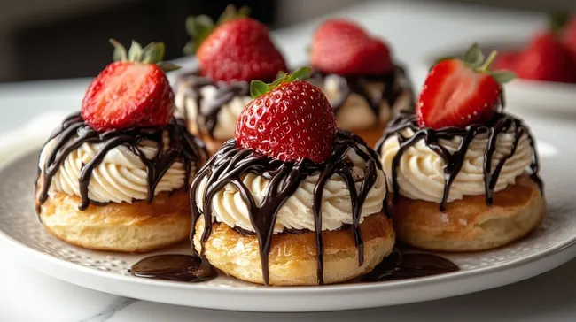 Köstliche Windbeutel mit Erdbeeren und Schokoladenglasur