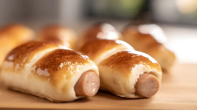 Köstliche Würstchen im Brötchen auf Holzbrett