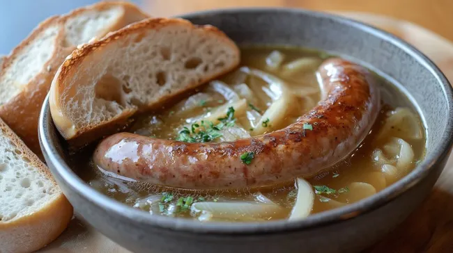 Köstliche Wurstsuppe mit Brot und Kräutern