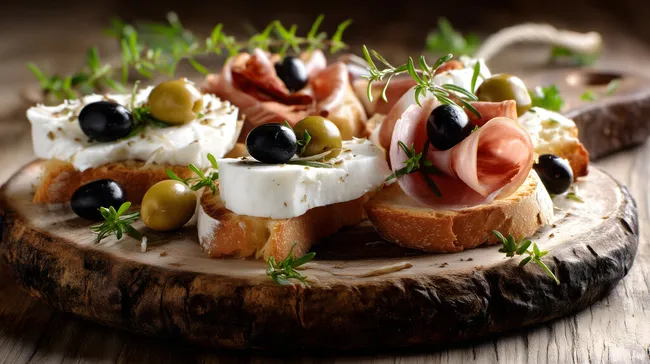 Köstlicher Antipasti-Teller mit Oliven und Schinken