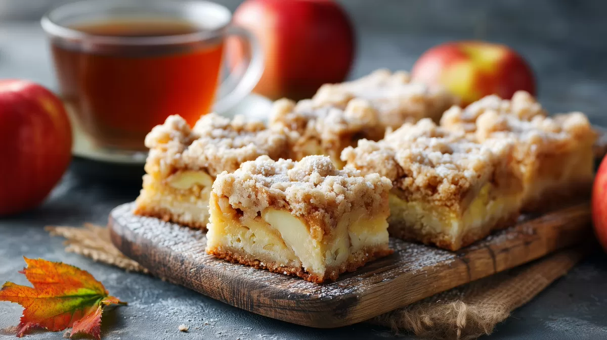Köstlicher Apfel-Streusel-Kuchen auf Holzbrett