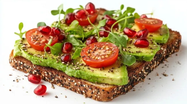 Köstlicher Avocado-Toast mit frischen Tomaten und Granatapfelkernen