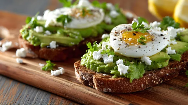 Köstlicher Avocado-Toast mit Spiegelei und Feta