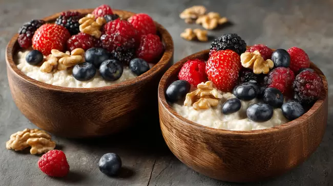 Köstlicher Beeren-Joghurt-Snack in Holzschalen