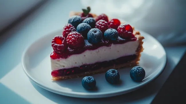 Köstlicher Beeren-Schichtkuchen auf weißem Teller