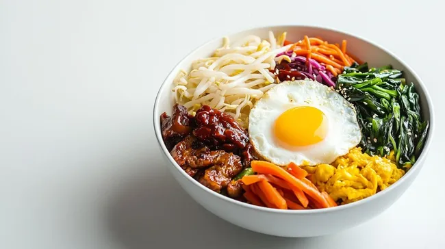 Köstlicher Bibimbap-Reis mit buntem Gemüse und Spiegelei