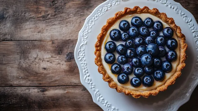 Köstlicher Blaubeer-Tarte auf rustikalem Holztisch