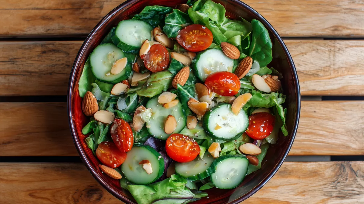 Köstlicher bunter Salat mit Tomaten und Mandeln