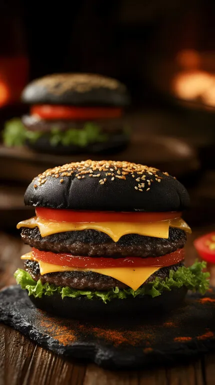 Köstlicher Burger mit schwarzem Brioche-Brot und geschmolzenem Käse