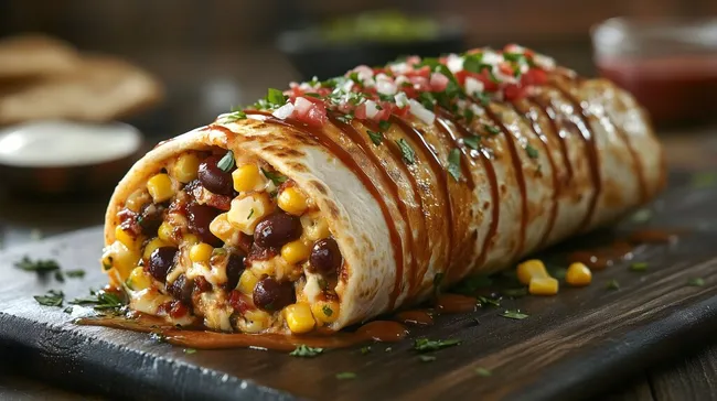 Köstlicher Burrito mit Mais, Bohnen und Salsa