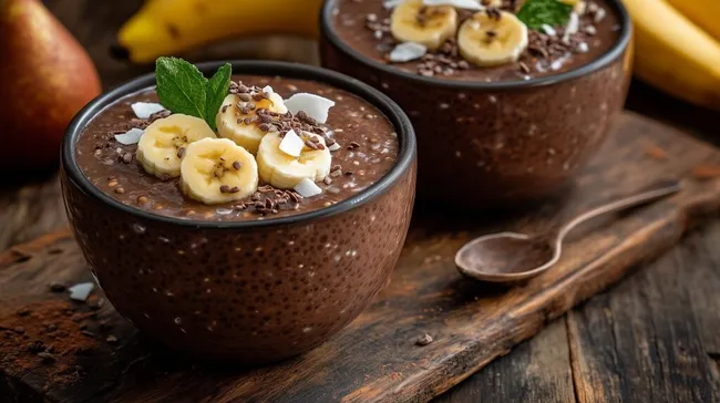 Köstlicher Chia-Pudding mit Bananenscheiben und Kakaopulver