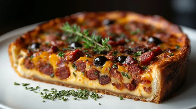 Köstlicher Chorizo-Quiche mit Oliven und Thymian