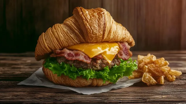 Köstlicher Croissant-Burger mit Rindfleisch und Käse