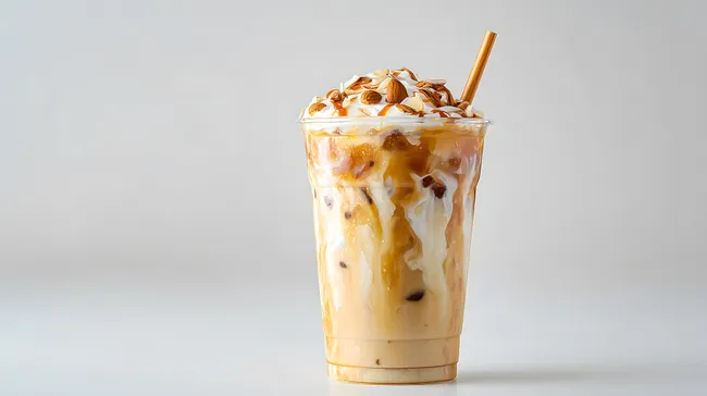 Köstlicher Eiskaffee mit Sahne, Karamell und Mandeln