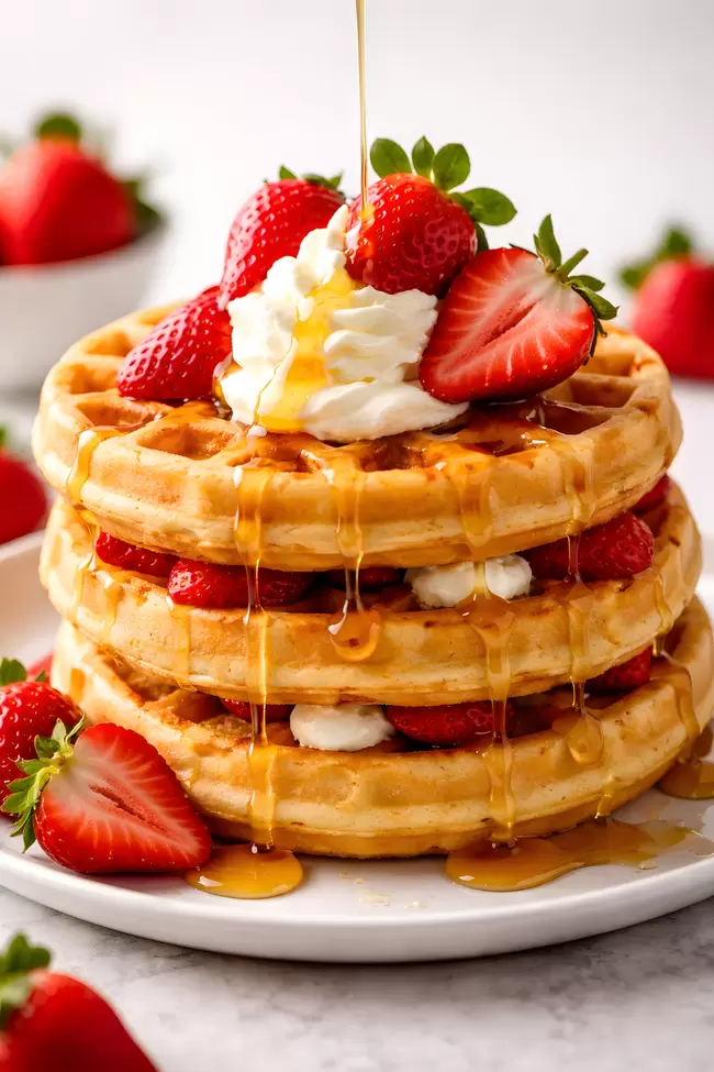 Köstlicher Erdbeerwaffel-Stapel mit Sirup und Sahne