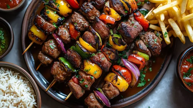 Köstlicher Fleischspiß mit gegrilltem Gemüse