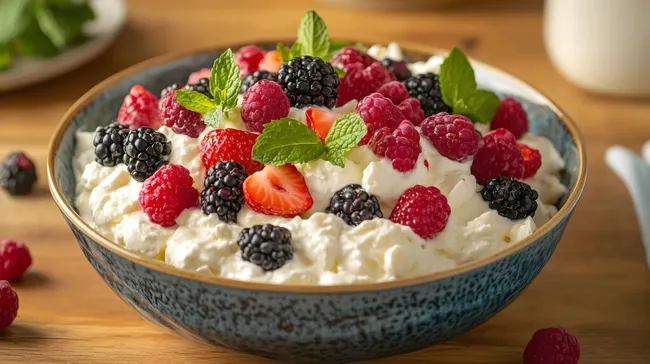 Köstlicher Früchtesalat mit Beeren und Sahne
