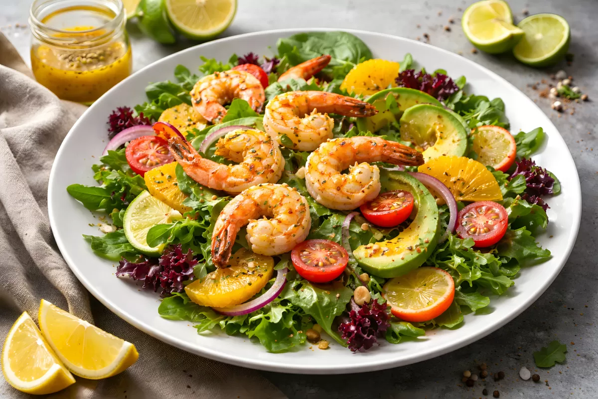Köstlicher Garnelen-Salat mit Zitrusfrüchten und Grünzeug