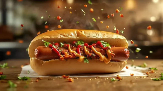 Köstlicher Gourmet-Hotdog mit würziger Topping-Explosion