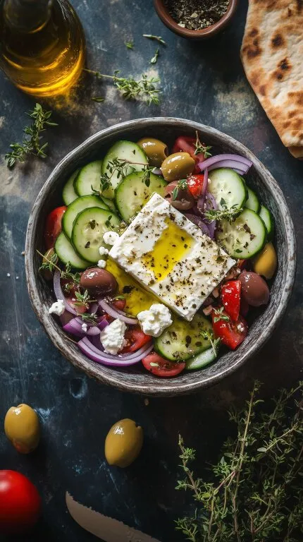 Köstlicher griechischer Salat mit Feta und Oliven