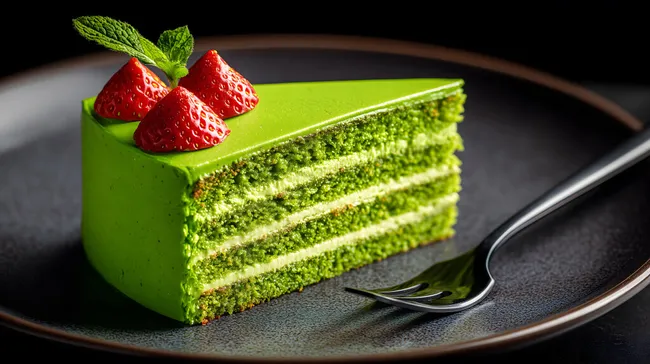 Köstlicher grüner Matcha-Tee-Kuchen mit Erdbeeren