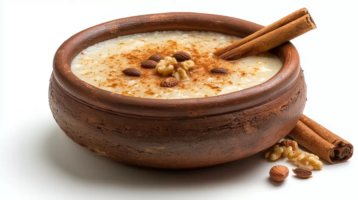 Köstlicher Haferbrei mit Zimt und Nüssen in Holzschale