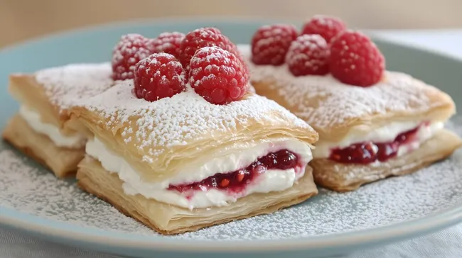 Köstlicher Himbeer-Blätterteig mit Puderzucker