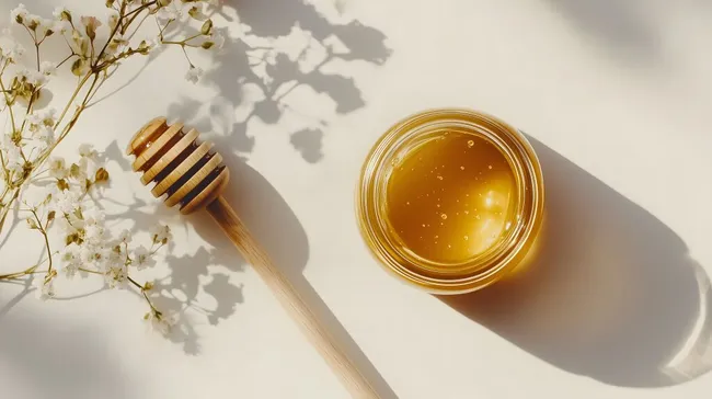 Köstlicher Honig in Glas mit Holzlöffel
