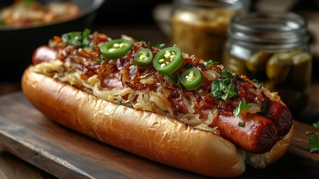 Köstlicher Hot Dog mit karamellisierten Zwiebeln und Jalapeños