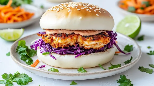 Köstlicher Hühnchen-Burger mit Rotkohl und Koriander