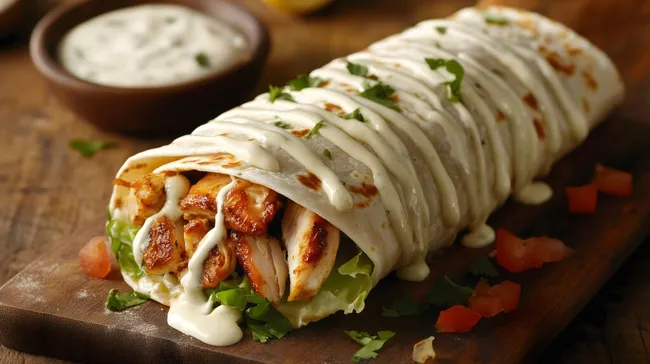Köstlicher Hühnchen-Burrito mit Kräutern und Tzatziki-Sauce