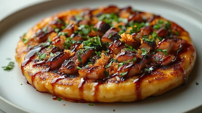 Köstlicher japanischer Okonomiyaki mit BBQ-Schweinefleisch