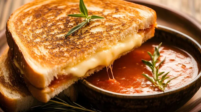 Köstlicher Käse-Toast mit frischer Tomatensuppe