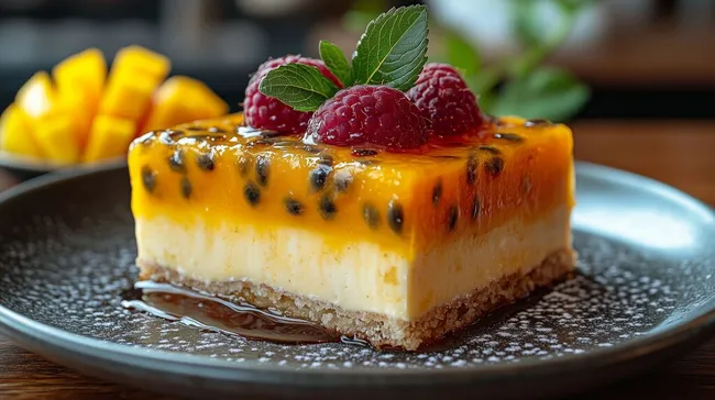 Köstlicher Karamell-Dessert-Keil mit Himbeeren