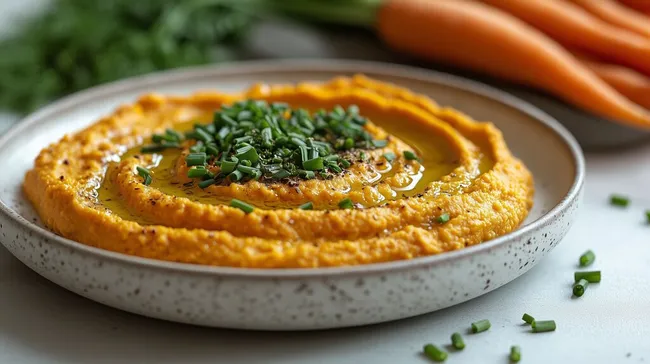 Köstlicher Karotten-Hummus mit Olivenöl und Frühlingszwiebeln