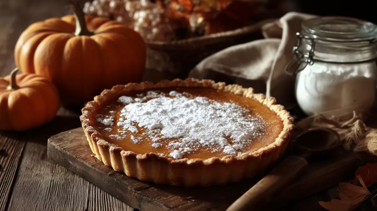 Köstlicher Kürbiskuchen mit Puderzucker auf rustikalem Hintergrund