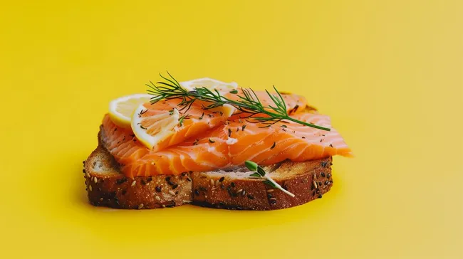 Köstlicher Lachs-Toast mit Zitrone und Dill auf gelbem Grund