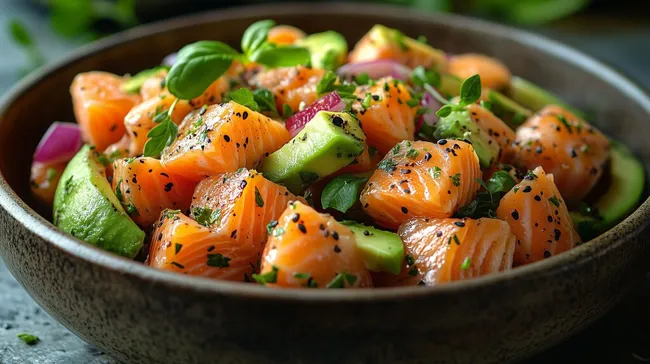 Köstlicher Lachssalat mit Avocado in rustikaler Schale