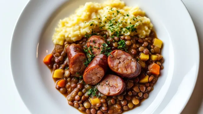 Köstlicher Linseneintopf mit Würstchen und Kartoffelpüree