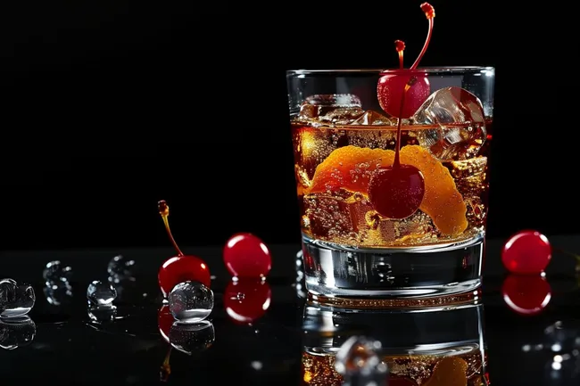 Köstlicher Manhattan Cocktail mit Orangen und Kirschen
