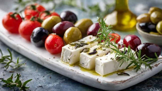 Köstlicher mediterraner Antipasti-Teller mit Oliven und Feta