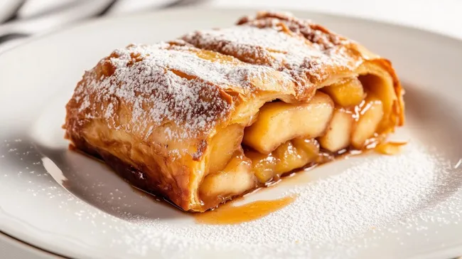 Köstlicher, mit Puderzucker bestreuter Apfelstrudel