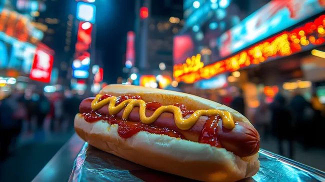 Köstlicher New York Style Hot Dog mit Senf und Ketchup