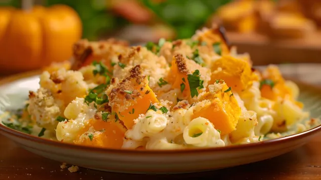 Köstlicher Nudelauflauf mit gerösteten Kürbis-Stücken