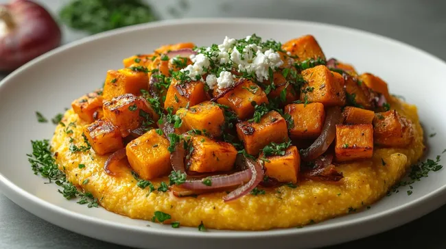 Köstlicher Ofenkürbis auf cremiger Polenta